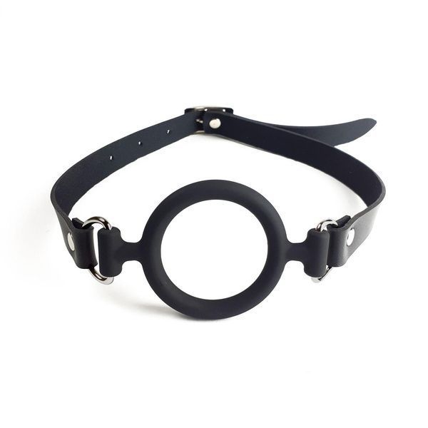 Кляп силиконовое кольцо натуральная кожа, Gag ring, Черный, 4 см. SO6707 фото