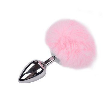Металлическая анальная пробка Кроличий хвостик Alive Fluffy Plug Pink, размер L, 9х4 см. SO6319 фото