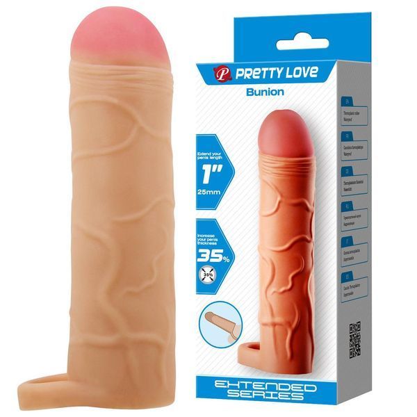 Насадка для пениса удлиняющая с отверстием для мошонки PRETTY LOVE Bunion 1" Extended, +2,5 см, 16,5х3,8 см BI-026253 фото