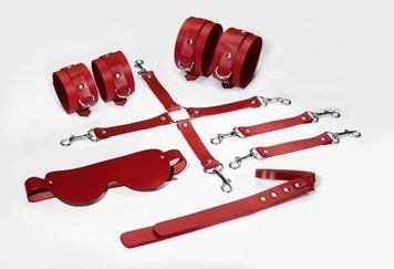 Набір Feral Feelings BDSM Kit 5 Red, наручники, поножі, хрестовина, маска, паддл SO8273 фото