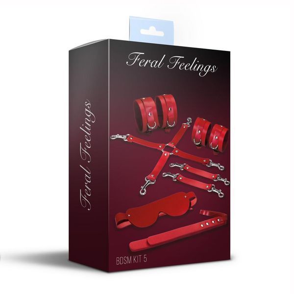 Набір Feral Feelings BDSM Kit 5 Red, наручники, поножі, хрестовина, маска, паддл SO8273 фото