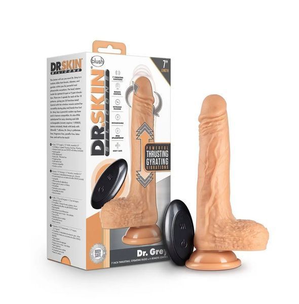Вибратор с вращением, толчками и пультом ДУ DR. SKIN SILICONE DR. GREY 7 INCH THRUSTING, 19,7х3,8 см. T331909 фото