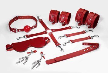 Набір Feral Feelings BDSM Kit 7 Red, наручники, поножі, конектор, маска, паддл, кляп, затискачі SO8277 фото