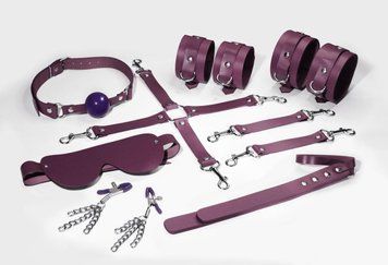 Набір Feral Feelings BDSM Kit 7 Burgundy, наручники, поножі, конектор, маска, паддл, кляп, затискачі SO8278 фото