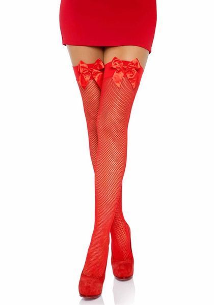 Панчохи-сітка з атласним бантиком Leg Avenue Fishnet Thigh Highs With Bow Red, one size SO7971 фото