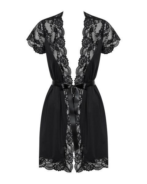 Сатиновий відкритий пеньюар на поясі Obsessive 810-PEI&ndash;1 black, XS/S, M/L, 2XL/3XL SO7160 фото