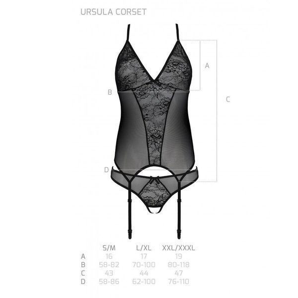 Корсет з пажами, трусики з ажурним декором та відкритим кроком Ursula Corset black Passion, S/M, L/XL, XXL/XXXL SO5836 фото
