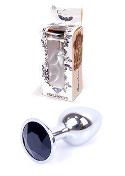 Металева анальна пробка з кристалом Jewellery Silver Plug Black, розмір S, 7,5х2,8 см. 64-00013 фото
