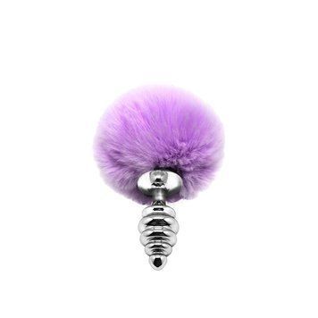 Металлическая анальная пробка Кроличий хвостик Alive Fluffy Twist Plug S Purple, 7х2,8 см. SO6306 фото
