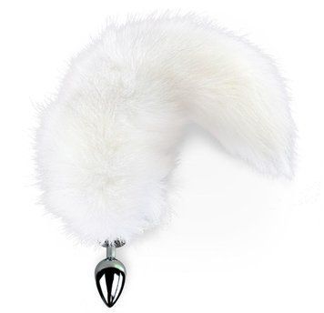 Металлическая анальная пробка с хвостом из натурального меха Art of Sex size M White fox, 8,5х3,5 см. SO6184 фото