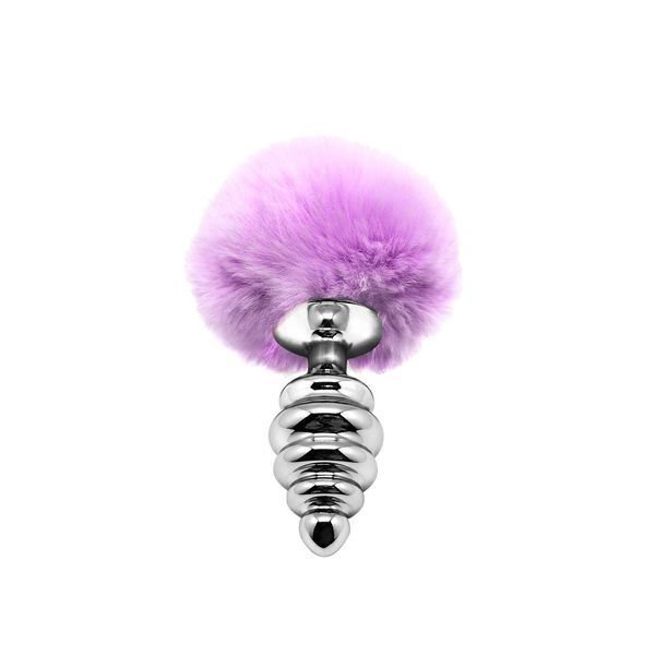 Металлическая анальная пробка Кроличий хвостик Alive Fluffy Twist Plug M Purple, 8х3,4 см. SO6308 фото