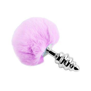 Металлическая анальная пробка Кроличий хвостик Alive Fluffy Twist Plug L Purple, 9х4 см. SO6310 фото