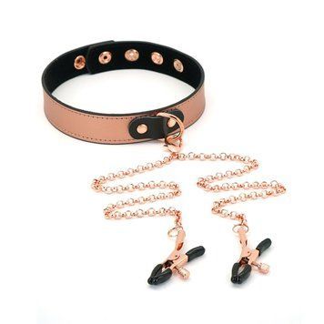 Нашийник із затискачами для сосків із натуральної шкіри Liebe Seele Rose Gold Memory Collar with Nipple Clamps SO9495 фото