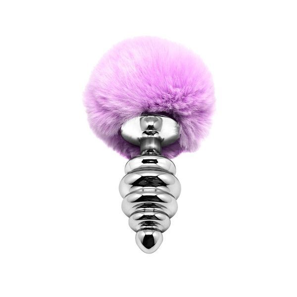 Металлическая анальная пробка Кроличий хвостик Alive Fluffy Twist Plug L Purple, 9х4 см. SO6310 фото