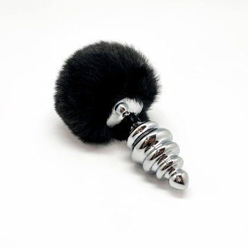 Металлическая анальная пробка Кроличий хвостик Alive Fluffy Twist Plug L Black, 9х4 см. SO6311 фото