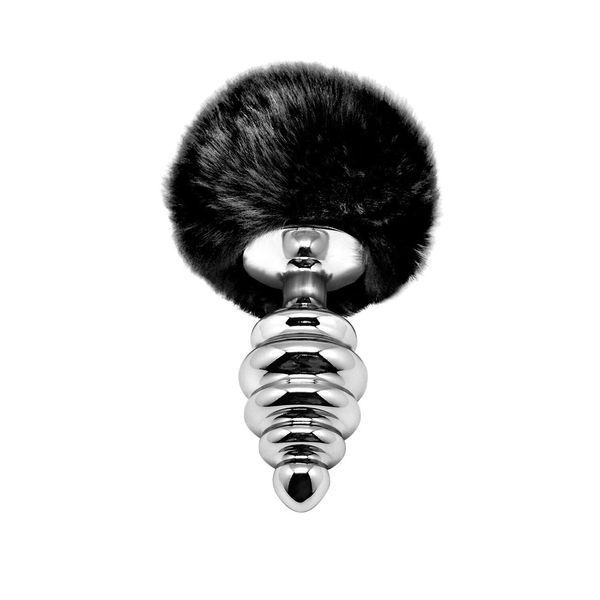 Металлическая анальная пробка Кроличий хвостик Alive Fluffy Twist Plug L Black, 9х4 см. SO6311 фото