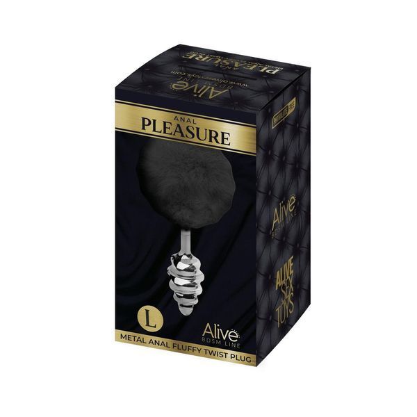 Металлическая анальная пробка Кроличий хвостик Alive Fluffy Twist Plug L Black, 9х4 см. SO6311 фото